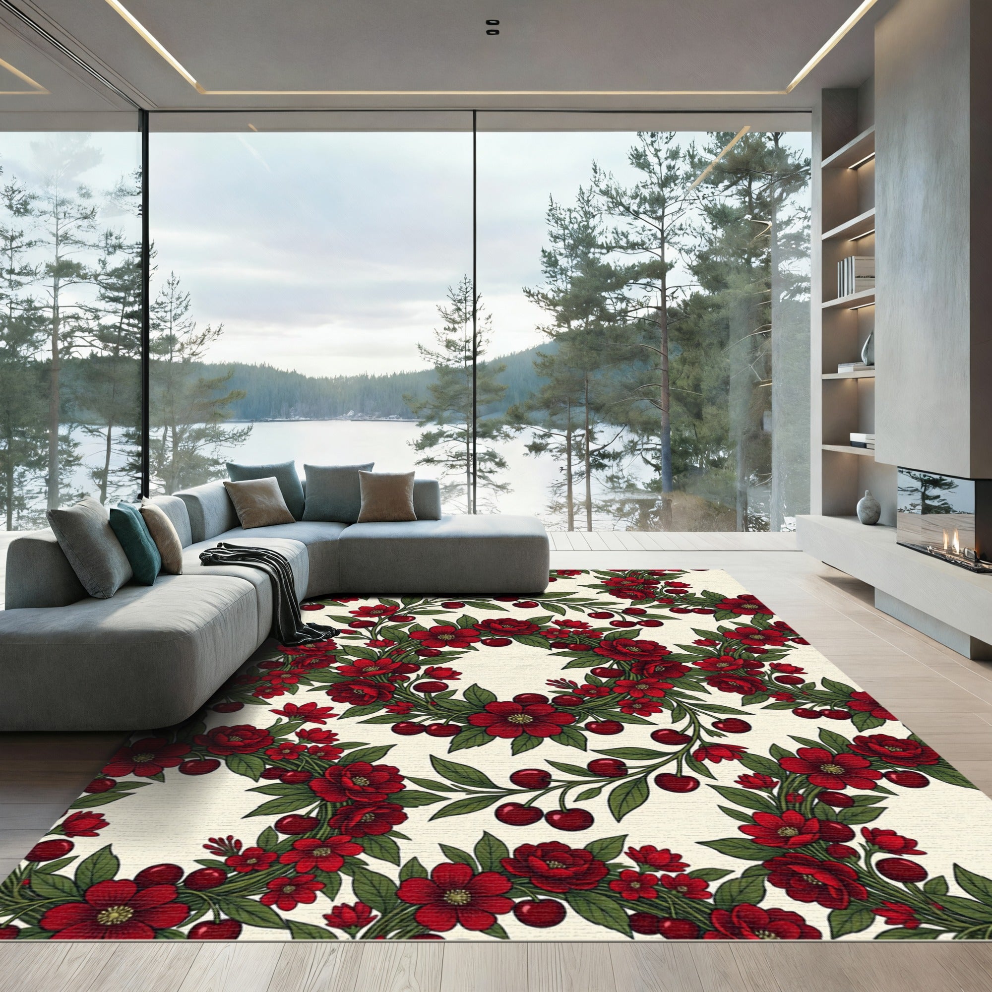Crimson Cherry Blossom Garland Rug