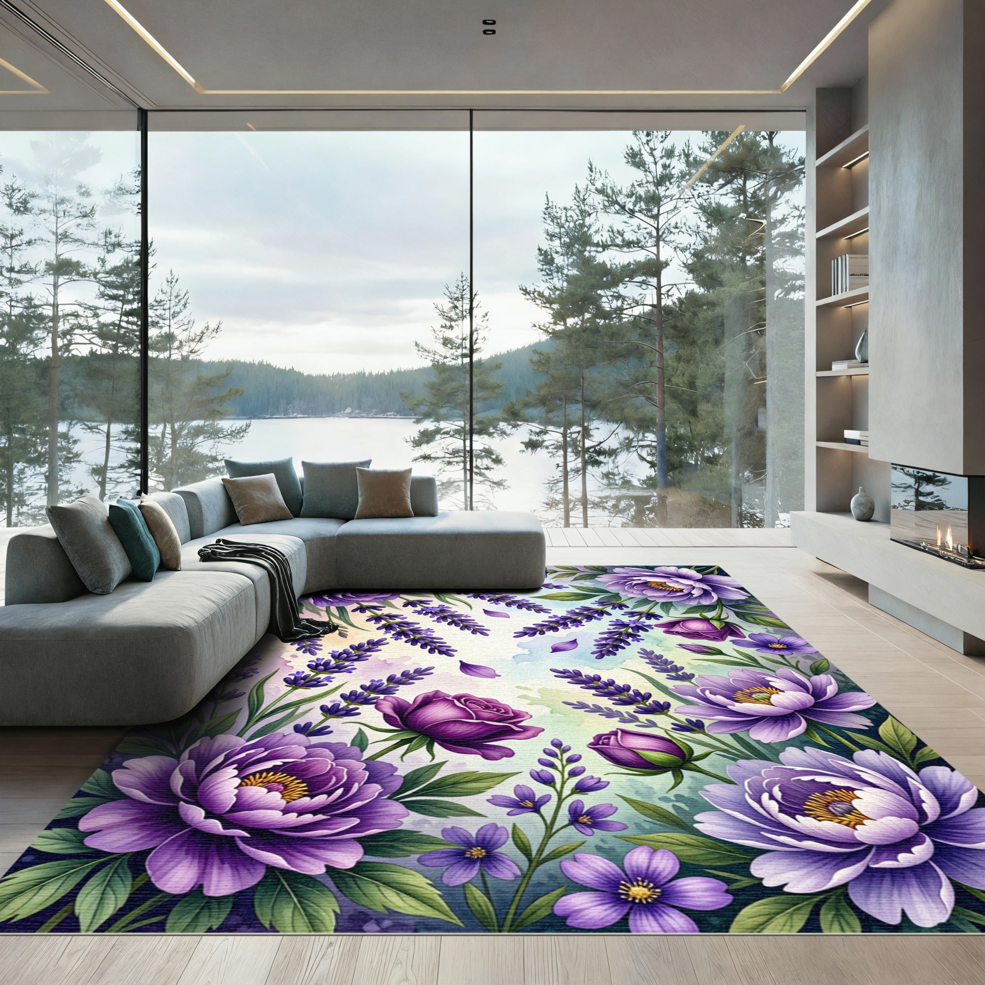 Vibrant Purple Lavender Rose Garden Rug