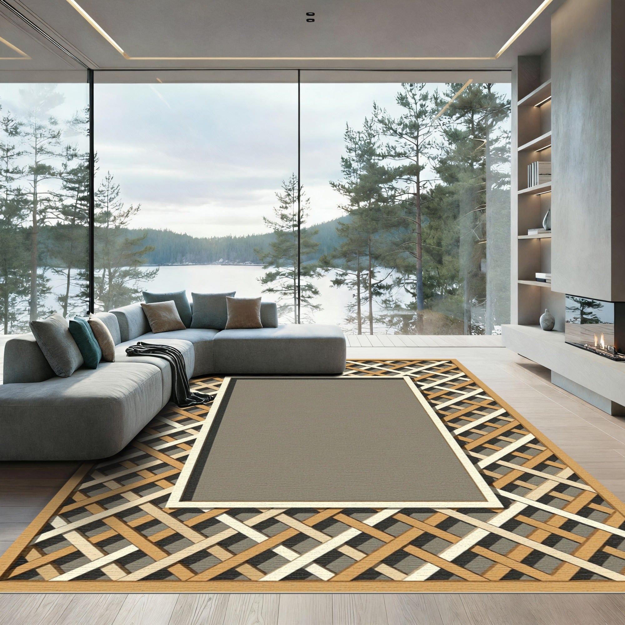 Braided Intersecting Lattice Wood Frame Rug