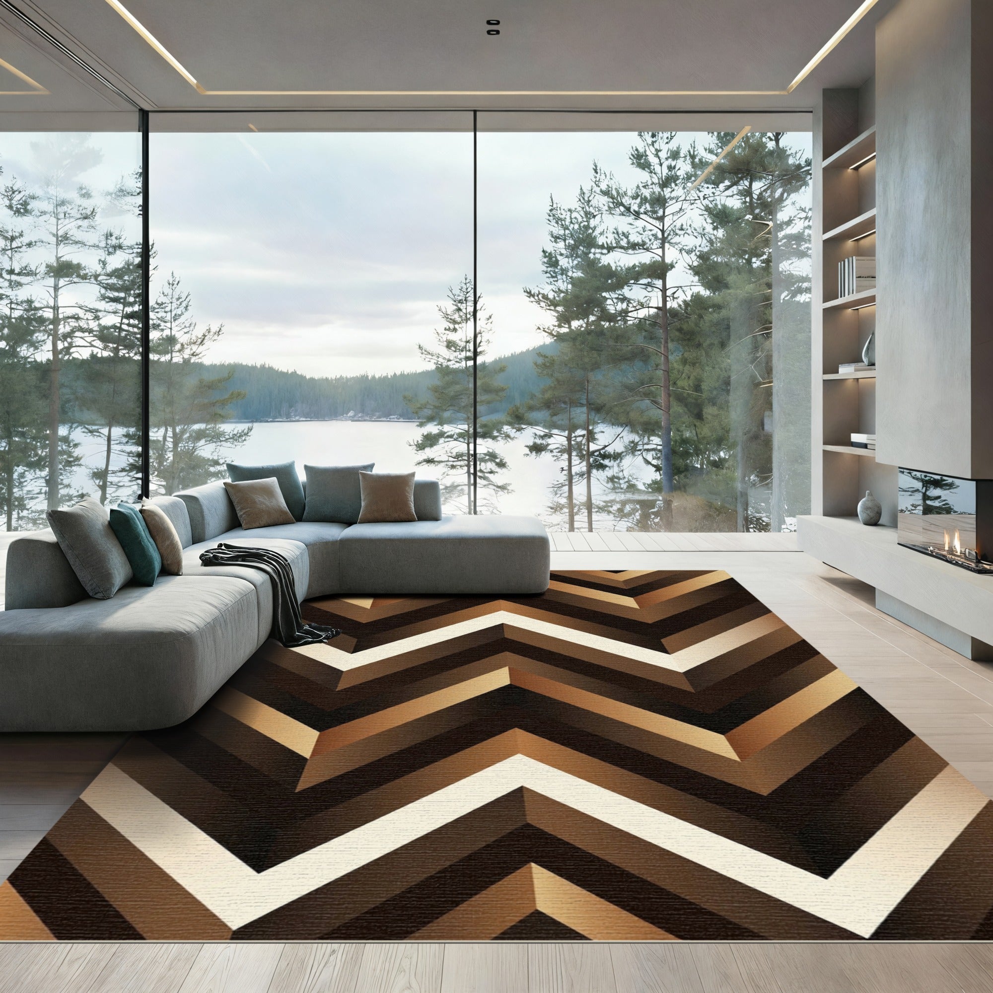 Modern Bronze Chevron Geometric Illusion Rug