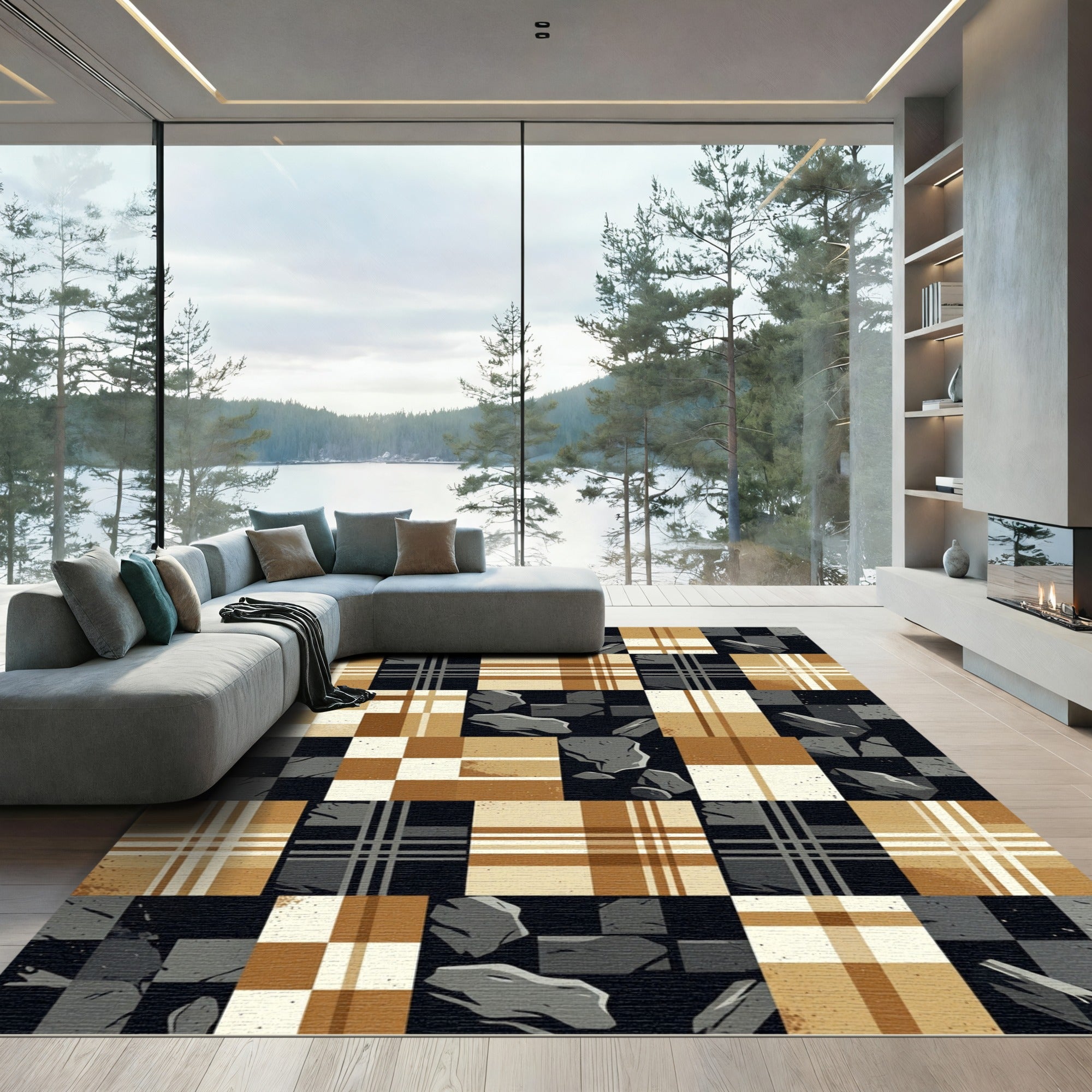 Plaid Stone Mosaic Geometric Composition Rug