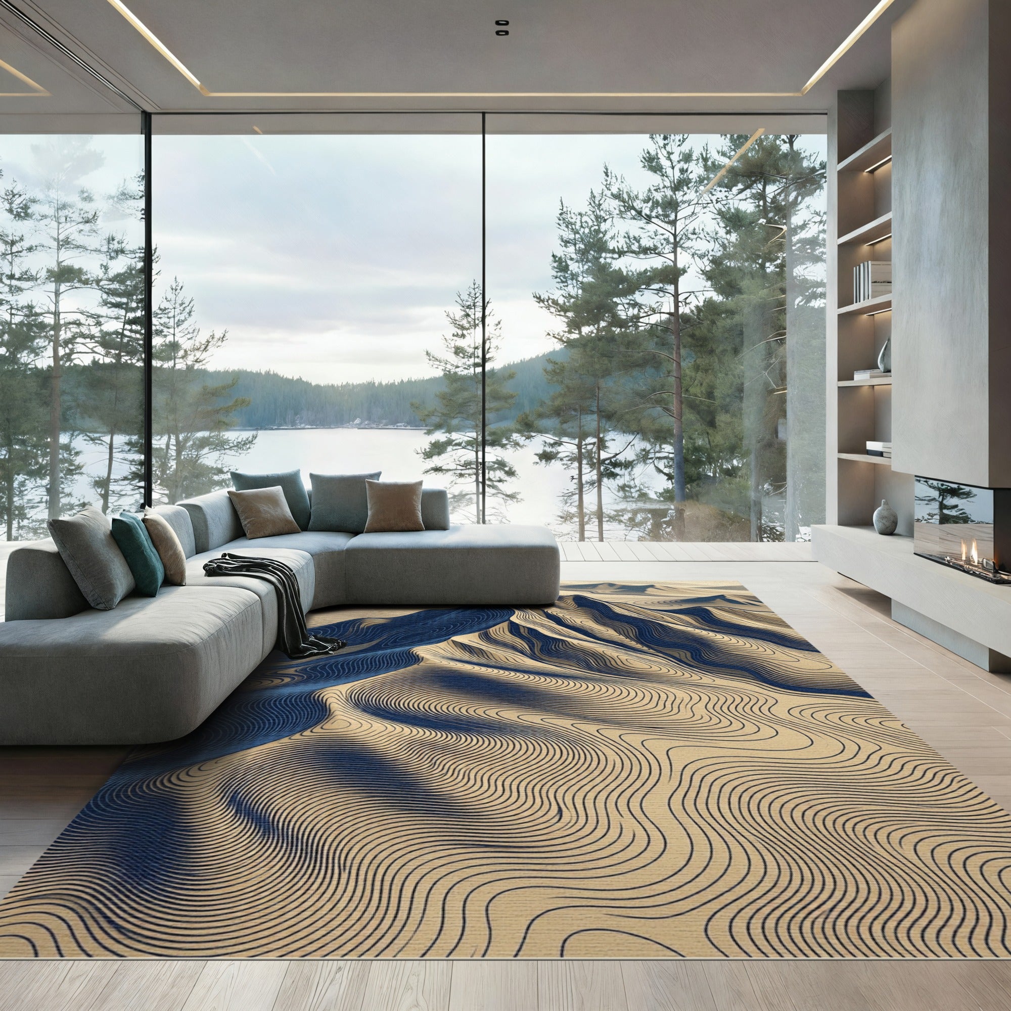 Topographic Navy and Sand Contour Landscape Rug