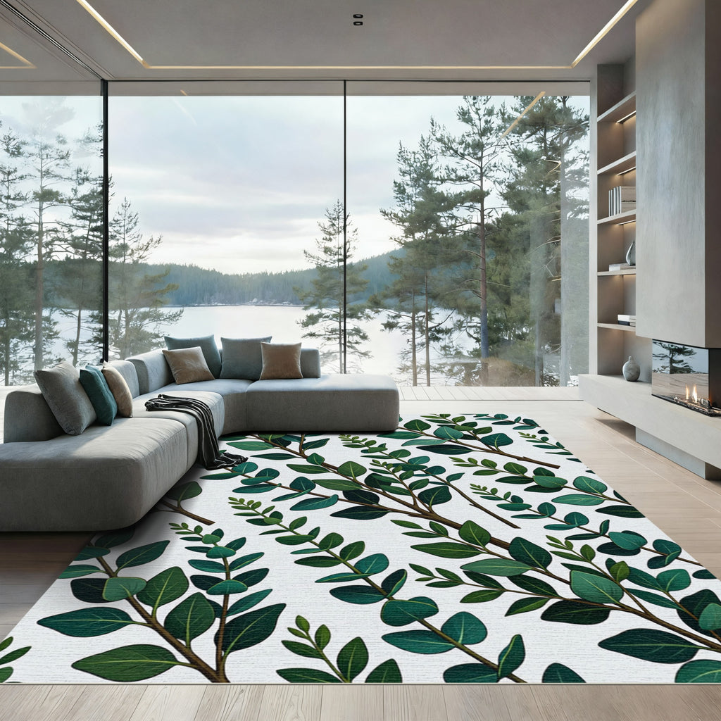Dark Green Leafy Branch Pattern Rug