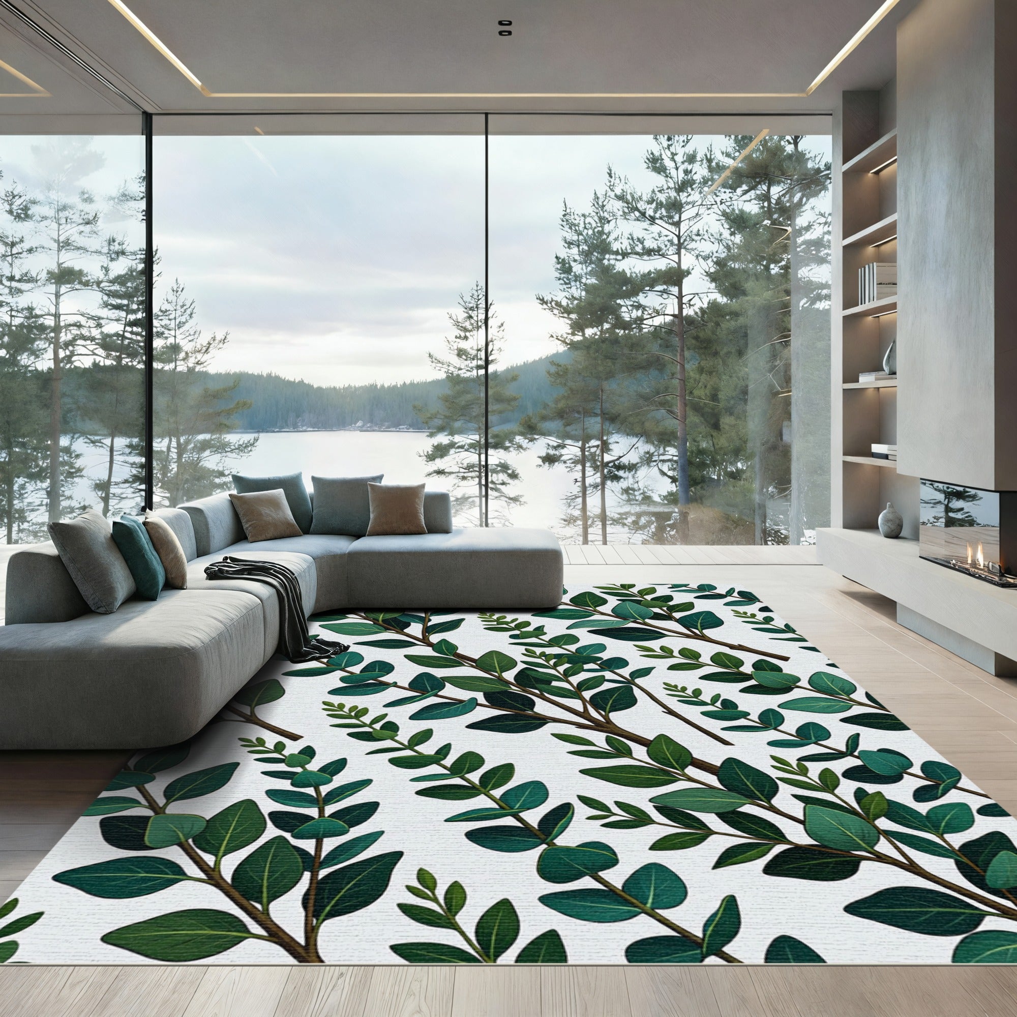 Dark Green Leafy Branch Pattern Rug