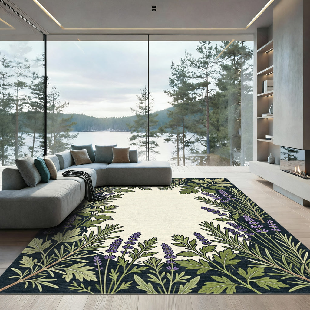 Green Lavender Floral Border Rug