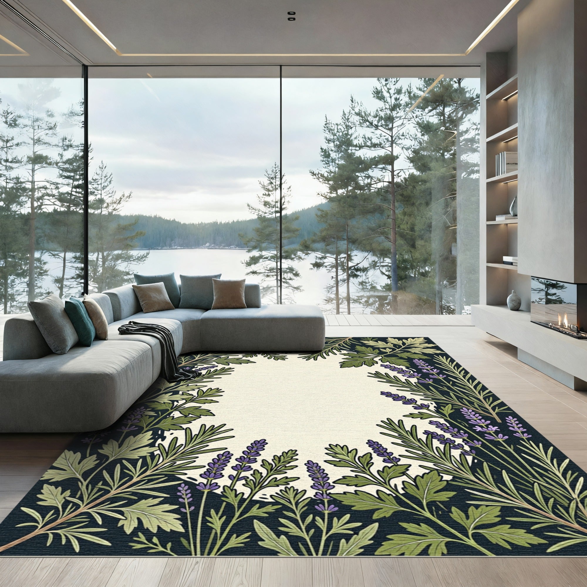 Green Lavender Floral Border Rug