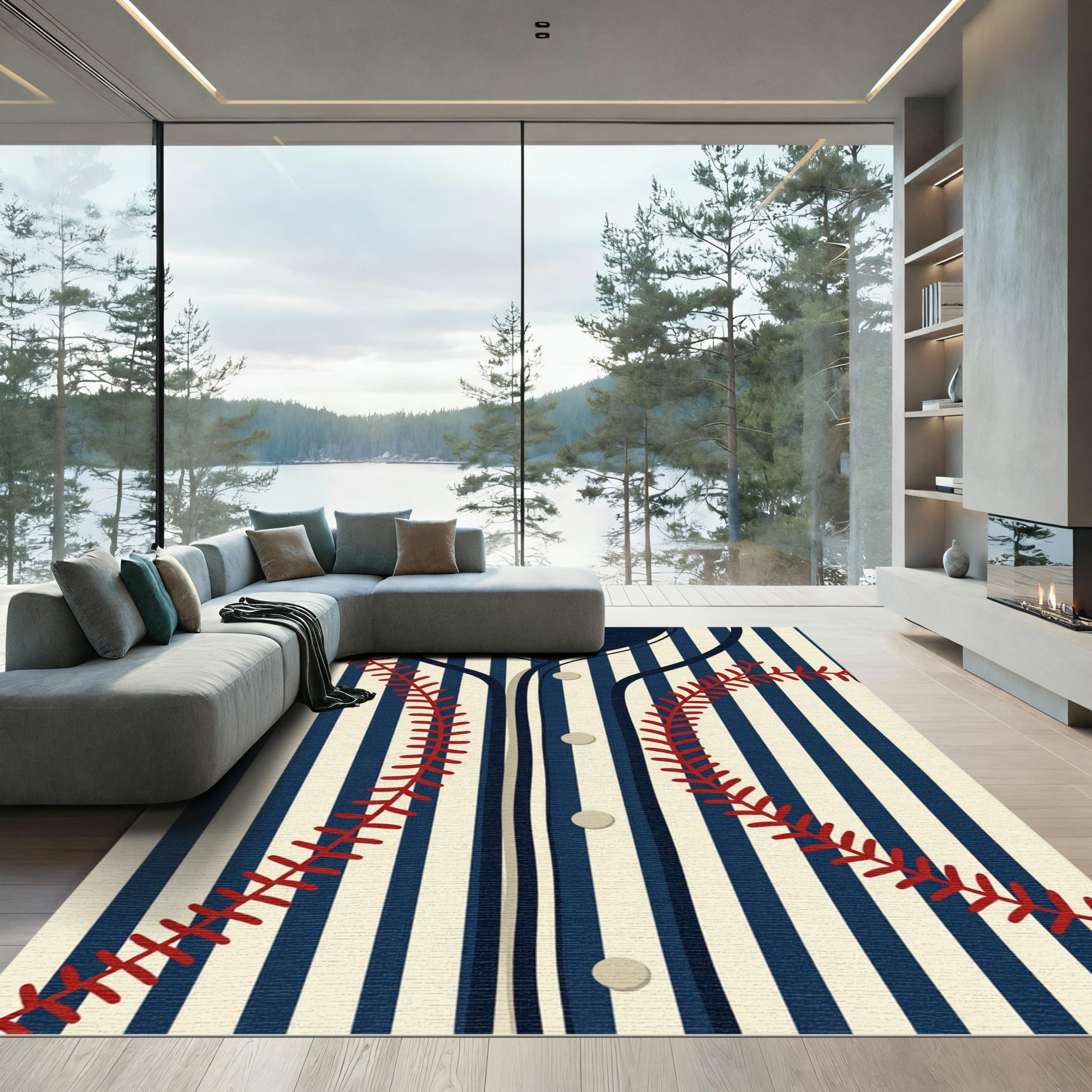 Stitched Navy and Cream Baseball Stripe Rug