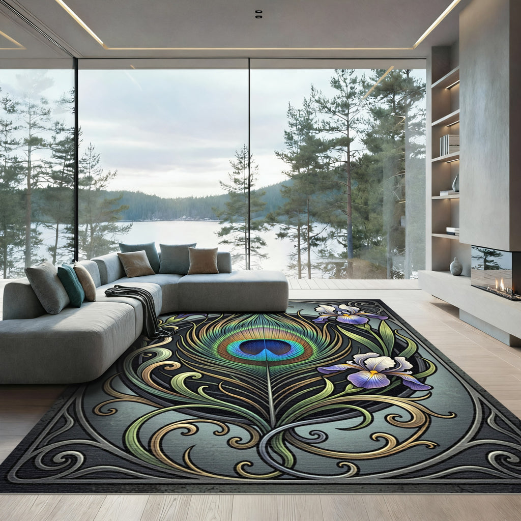 Art Nouveau Peacock Feather Iris Floral Rug