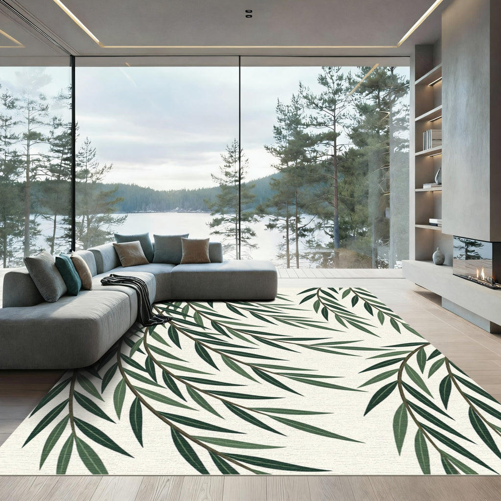 Dark Green Willow Leaf Branches Rug