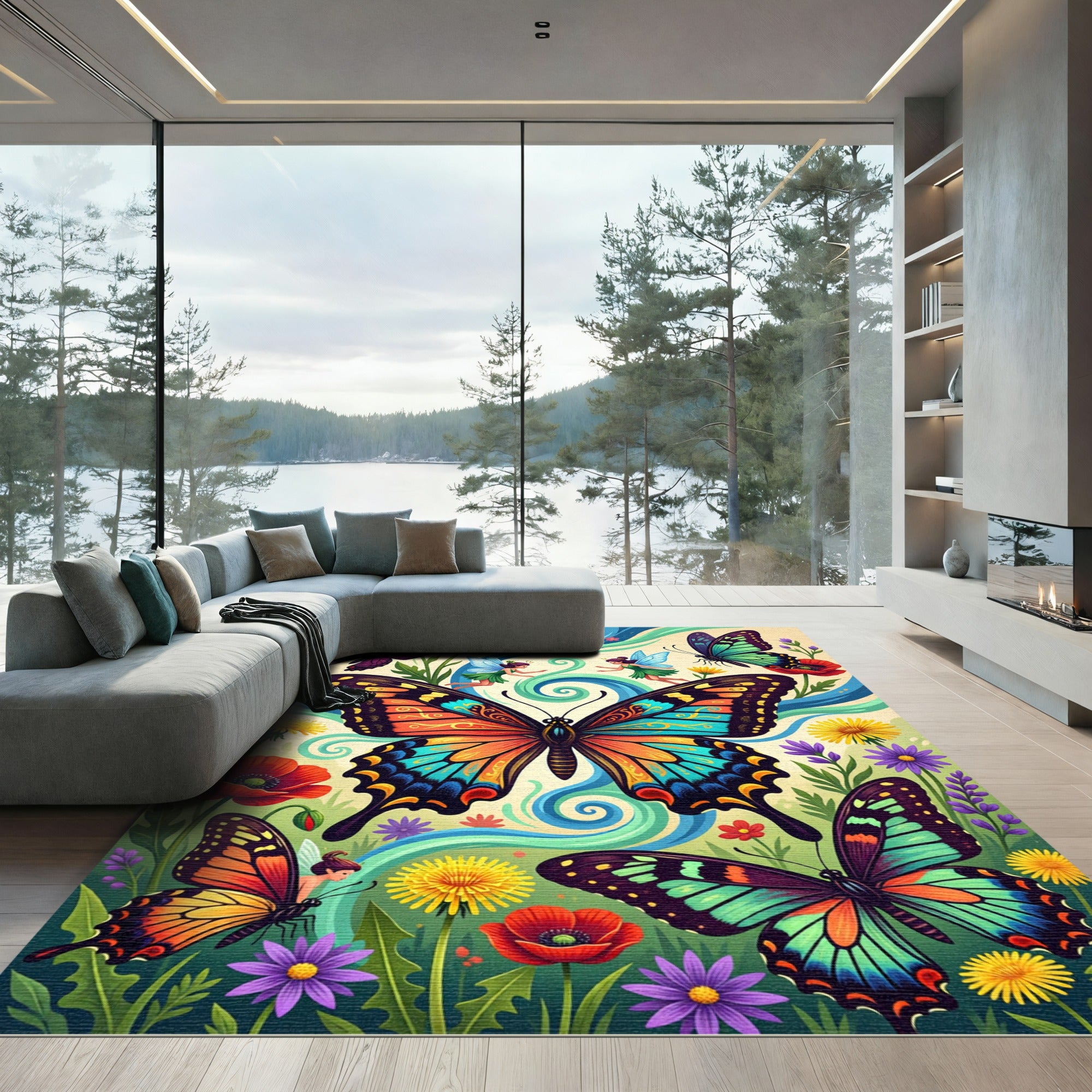 Whimsical Vibrant Butterfly Meadow Garden Rug