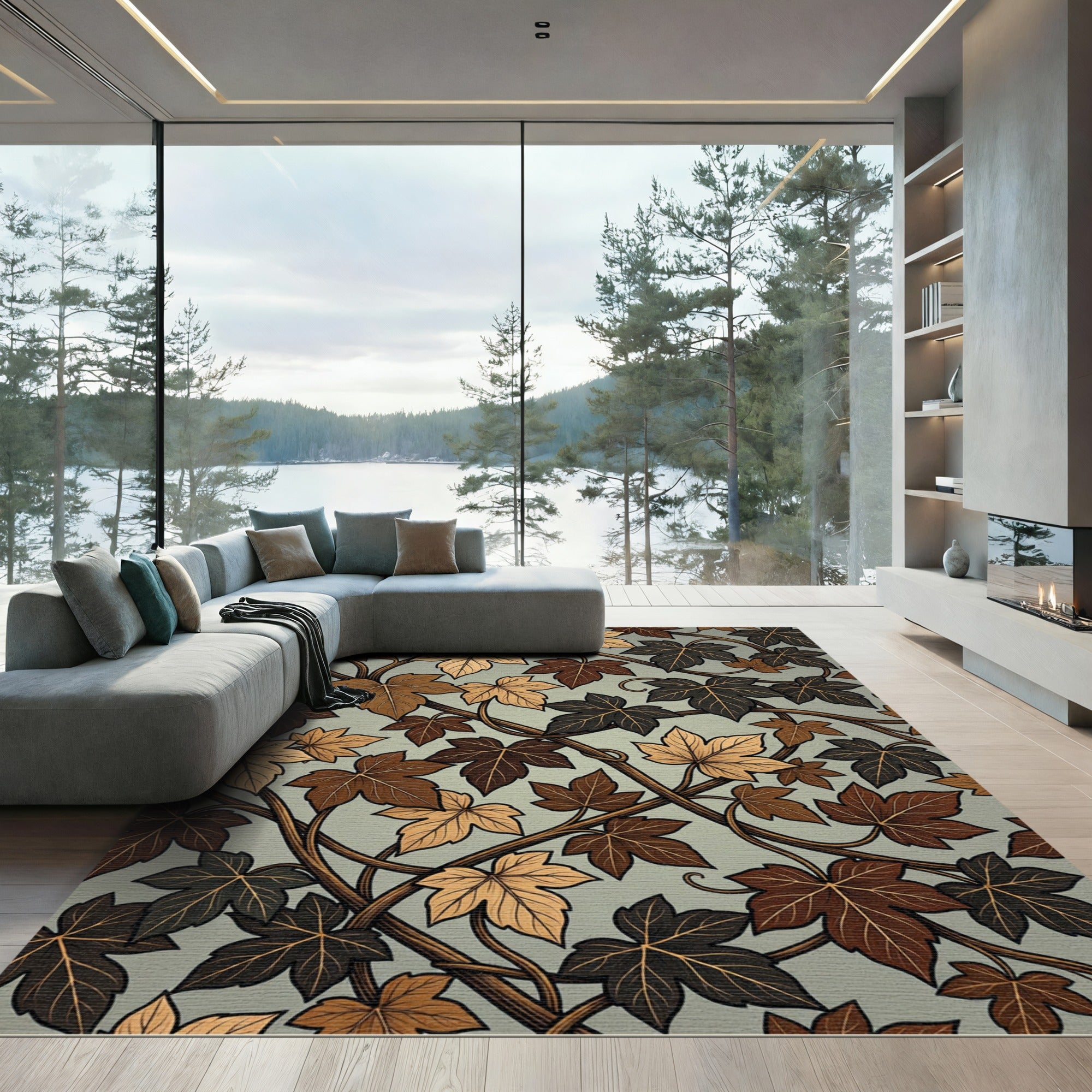 Earthy Toned Leaf Vine Overlay Rug