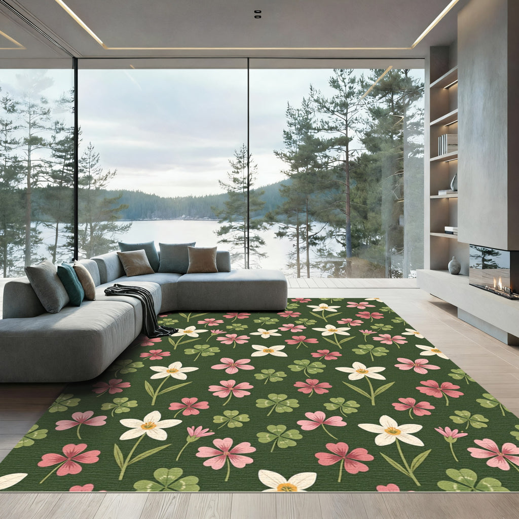 Botanical Clover and White Flower Forest Rug