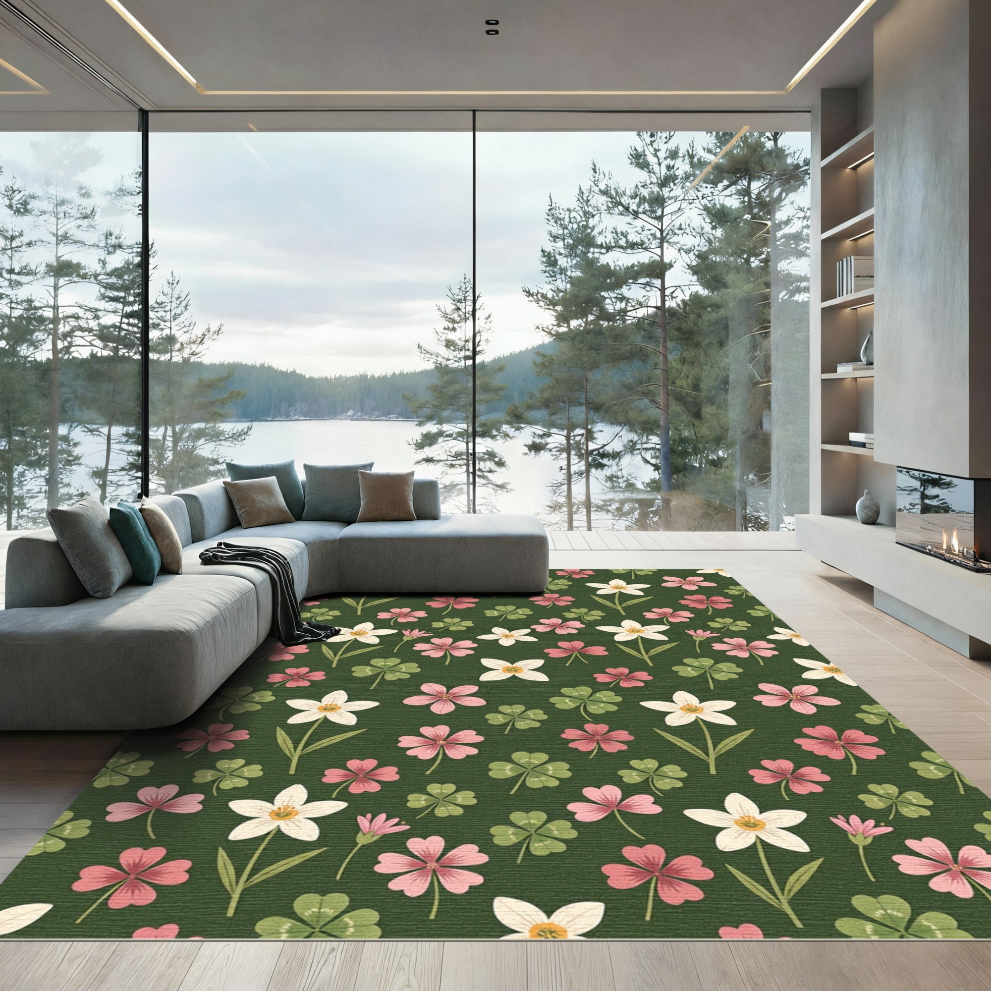 Botanical Clover and White Flower Forest Rug