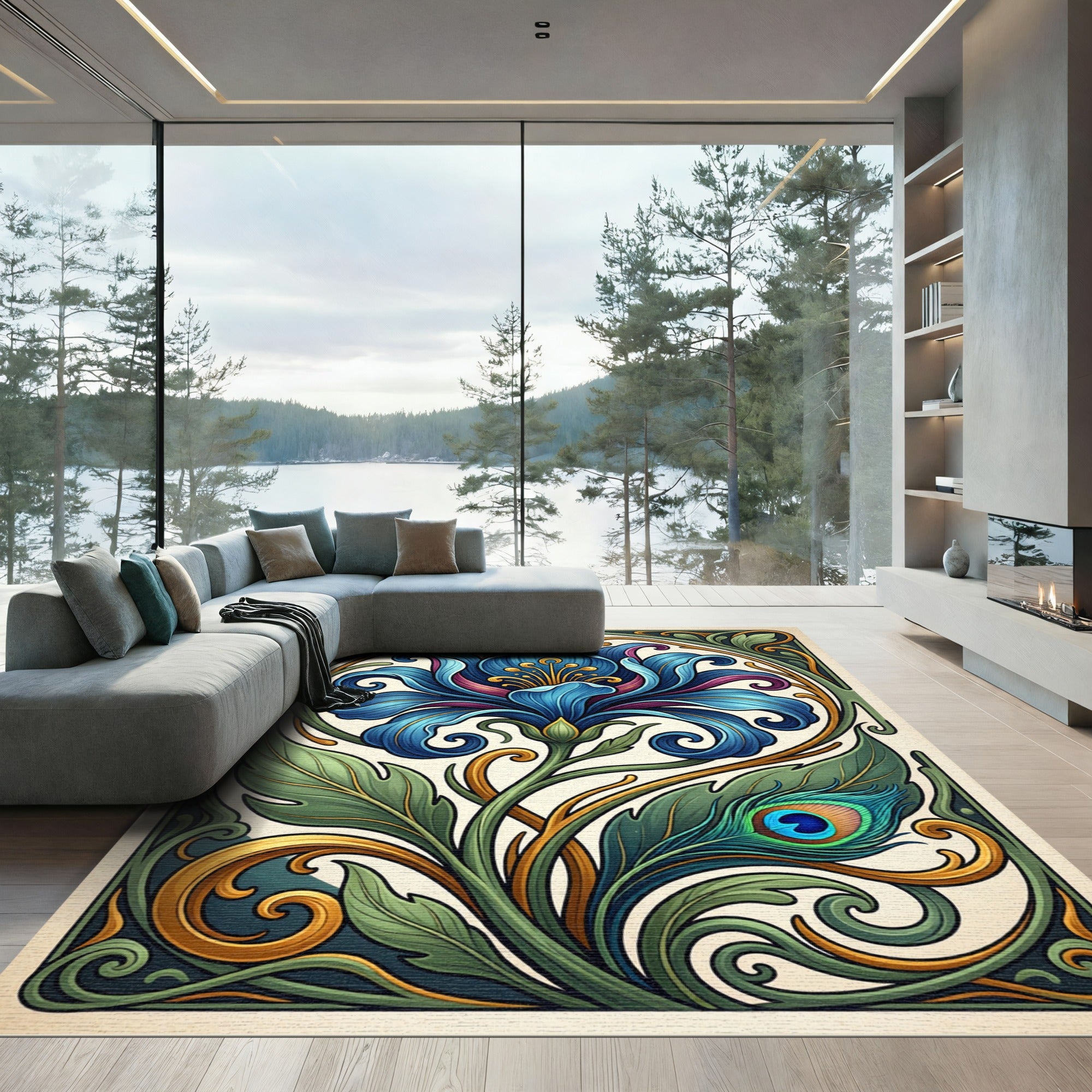 Art Nouveau Blue Lily Peacock Jewel Rug