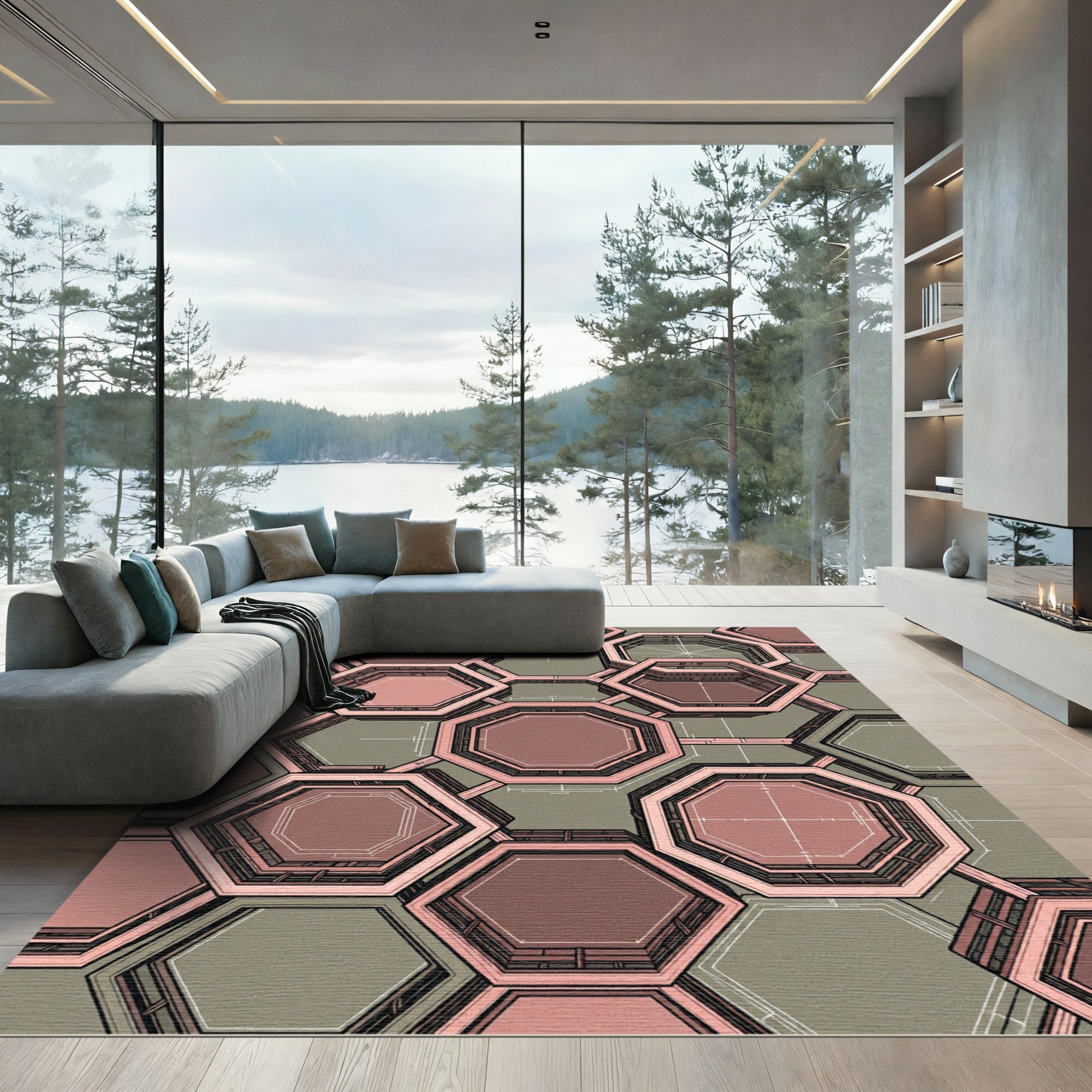 Salmon Pink Geometric Octagon Weave Rug