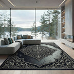 Elegant Charcoal Silver Floral Medallion Rug