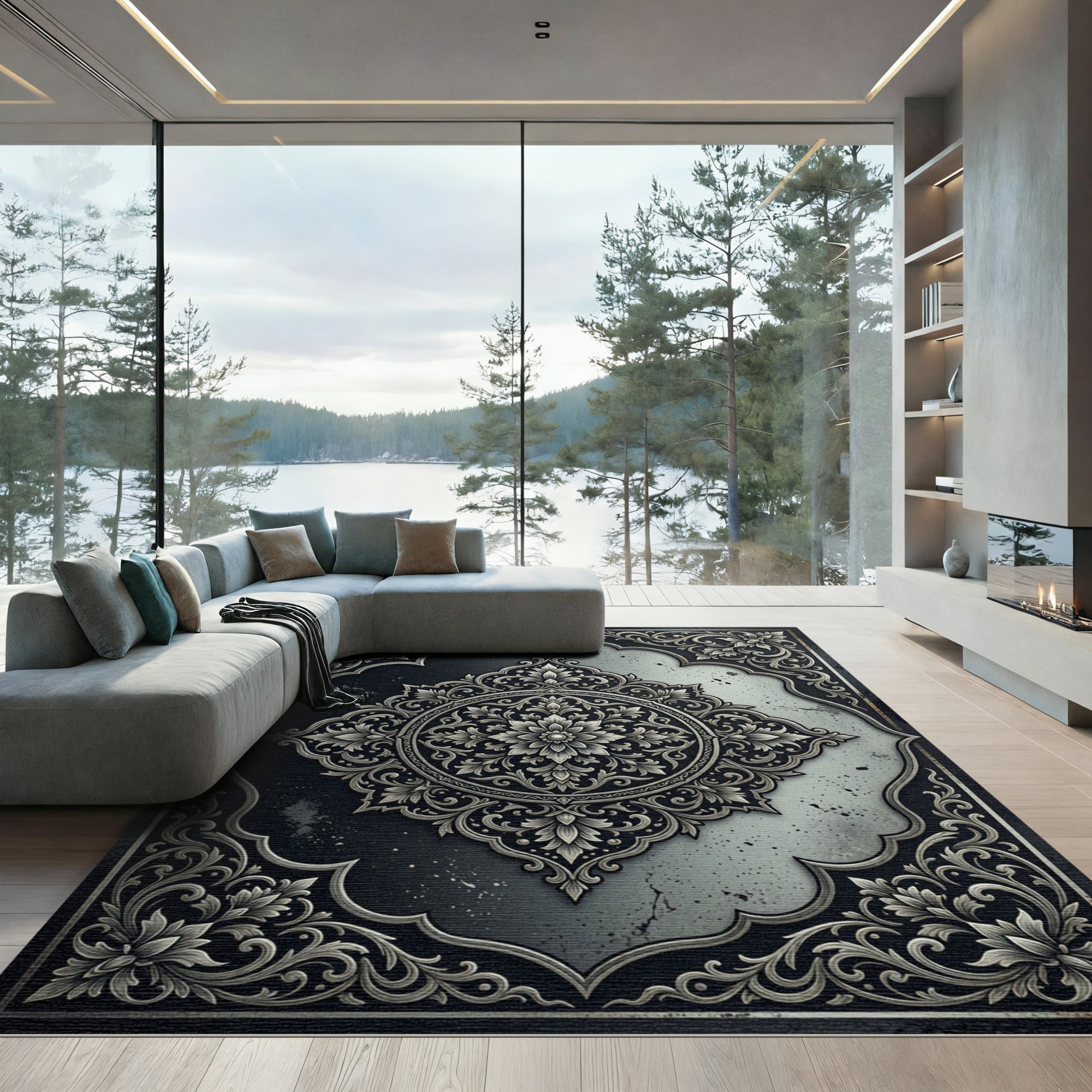 Elegant Charcoal Silver Floral Medallion Rug