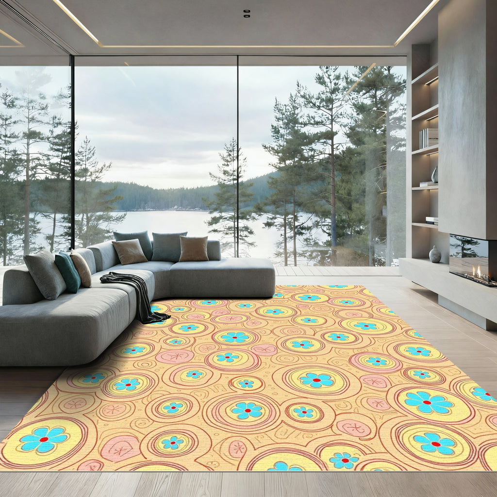 Whimsical Yellow Blue Flower Circles Rug