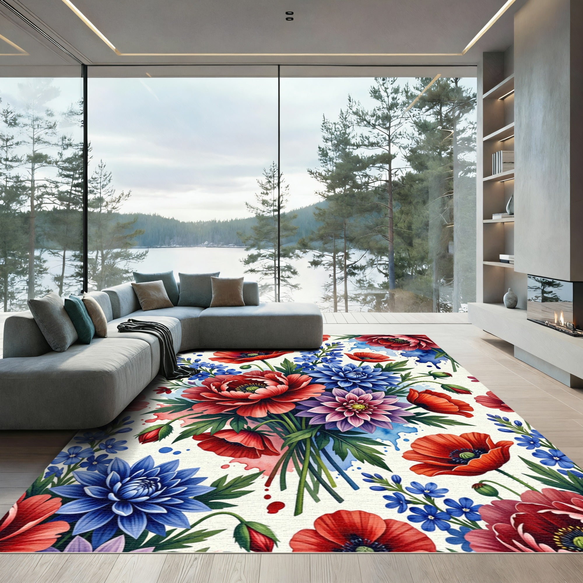 Vibrant Poppy and Dahlia Watercolor Bouquet Rug