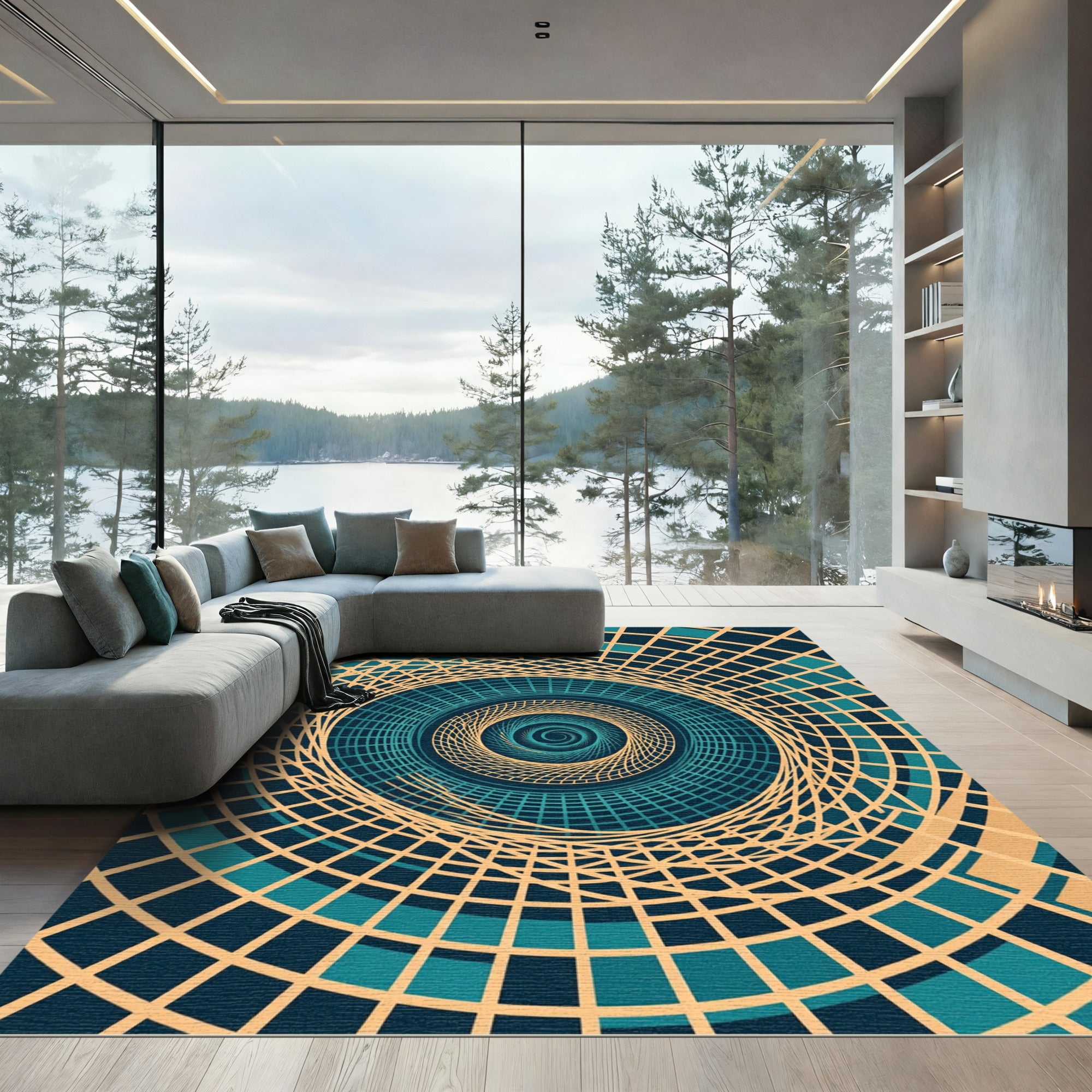 Modern Teal Beige Concentric Spiral Rug