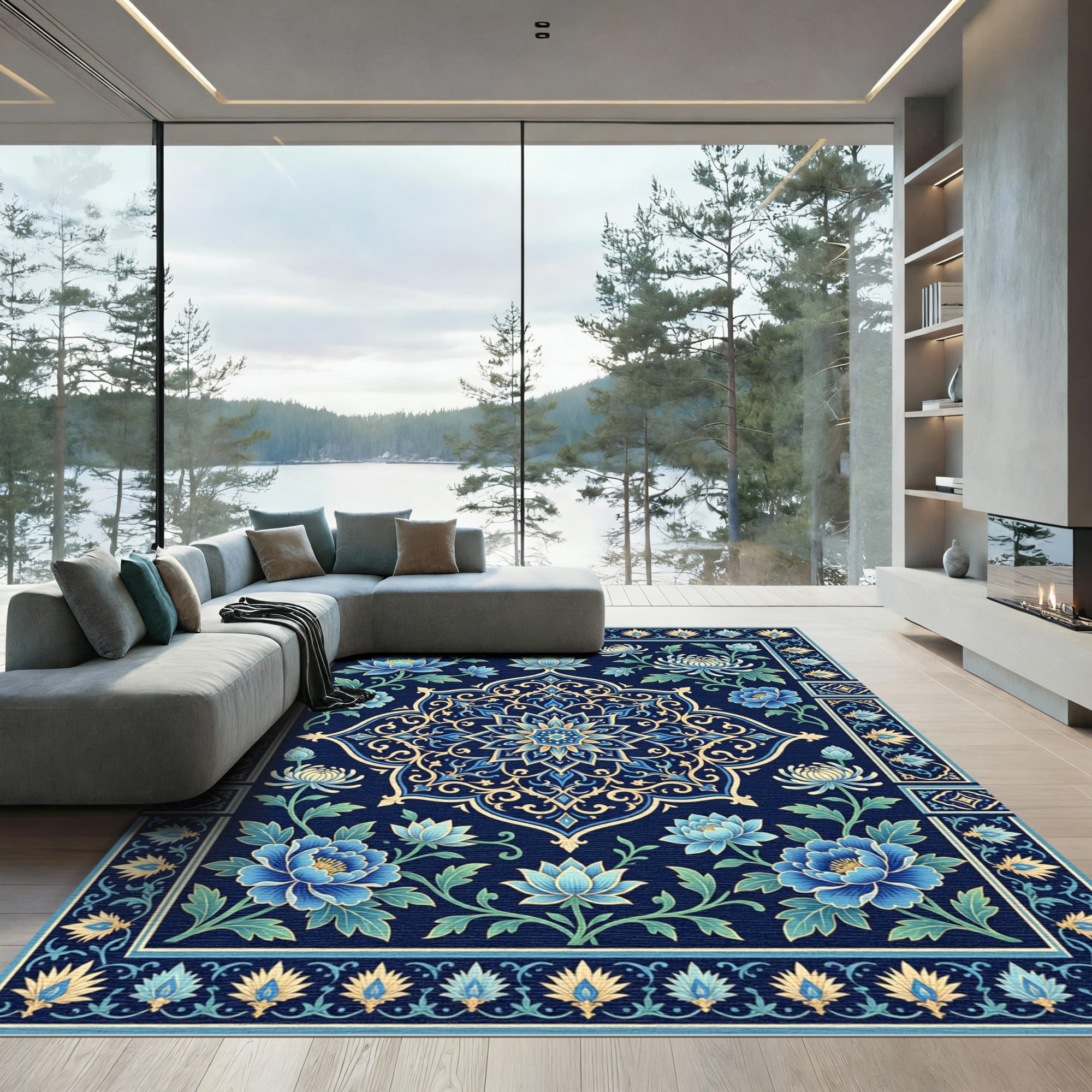 Azure Botanical Lattice Work Rug
