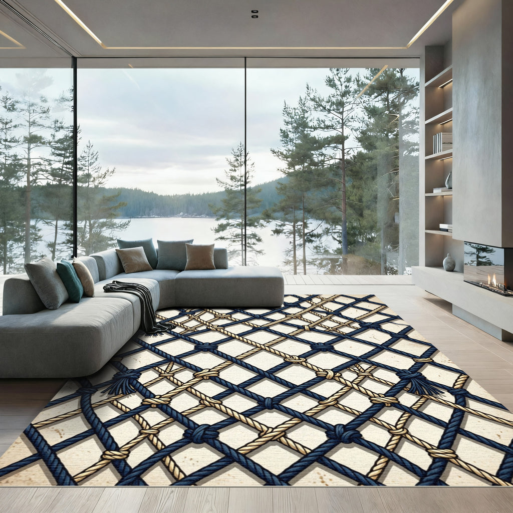 Navy Tan Nautical Rope Lattice Rug