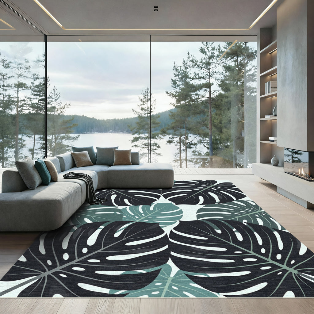 Lush Dark Green Tropical Palm Leaves Rug