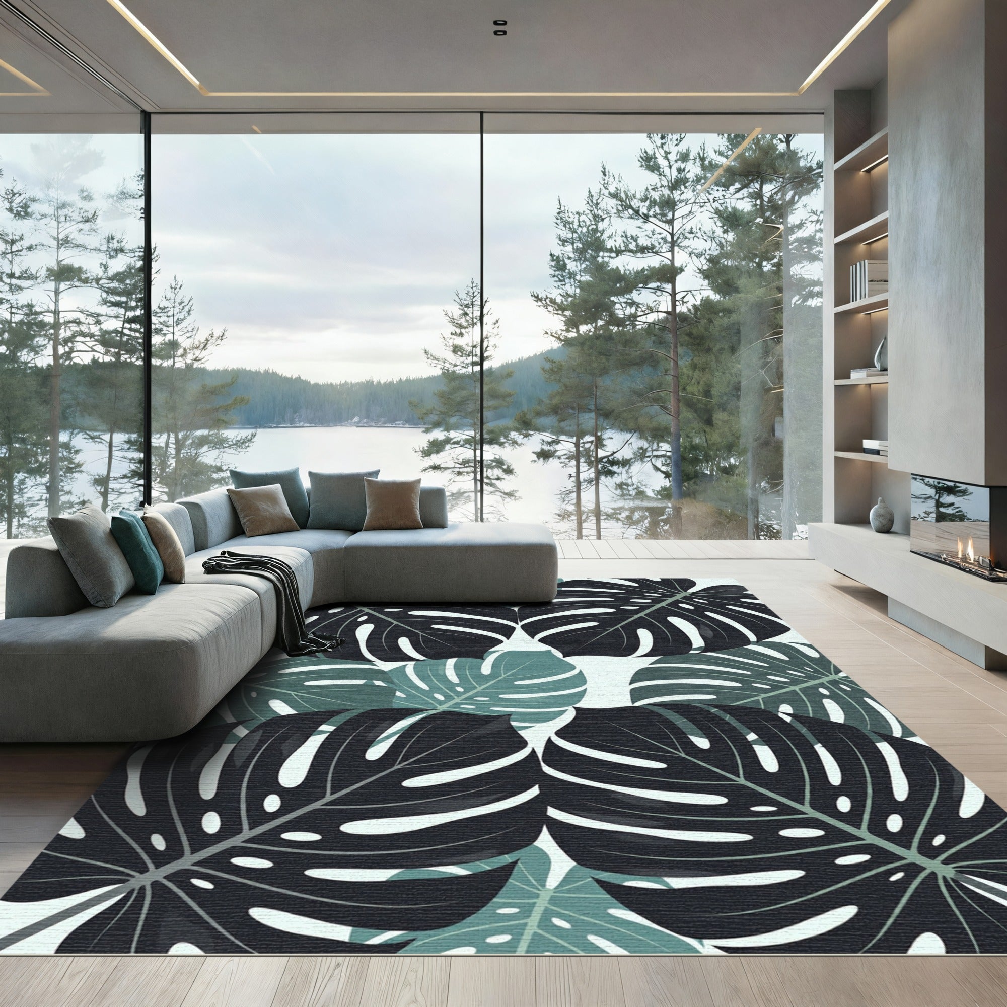 Lush Dark Green Tropical Palm Leaves Rug