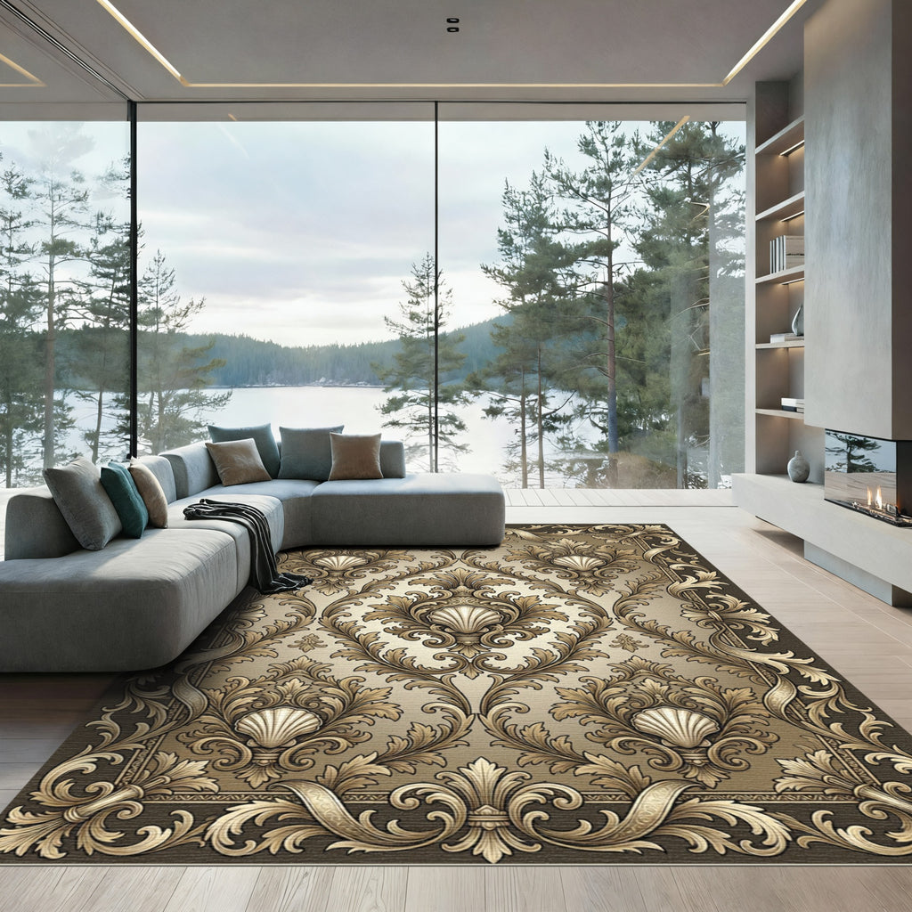 Ornate Gold Shell Scrollwork Frame Rug