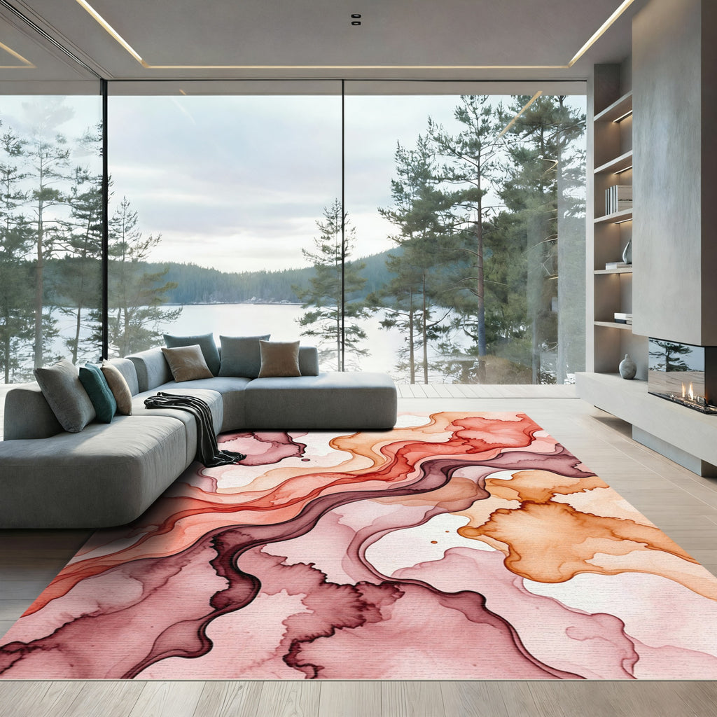 Abstract Terracotta and Burgundy Flowing Wave Rug