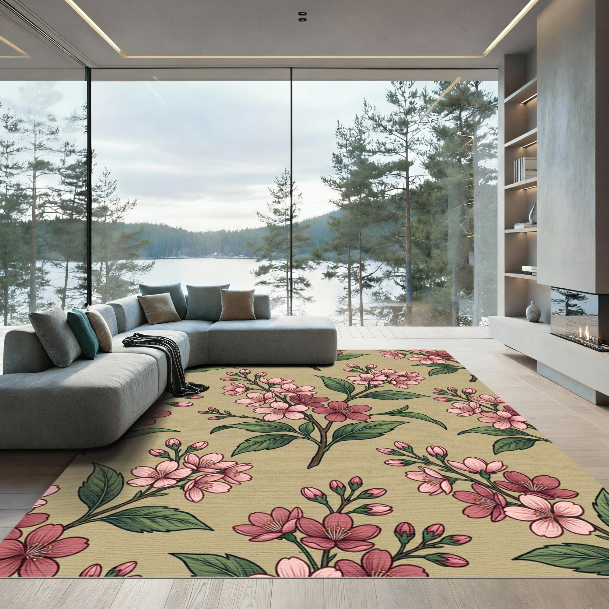 Blush Pink Cherry Blossom Floral Sage Rug