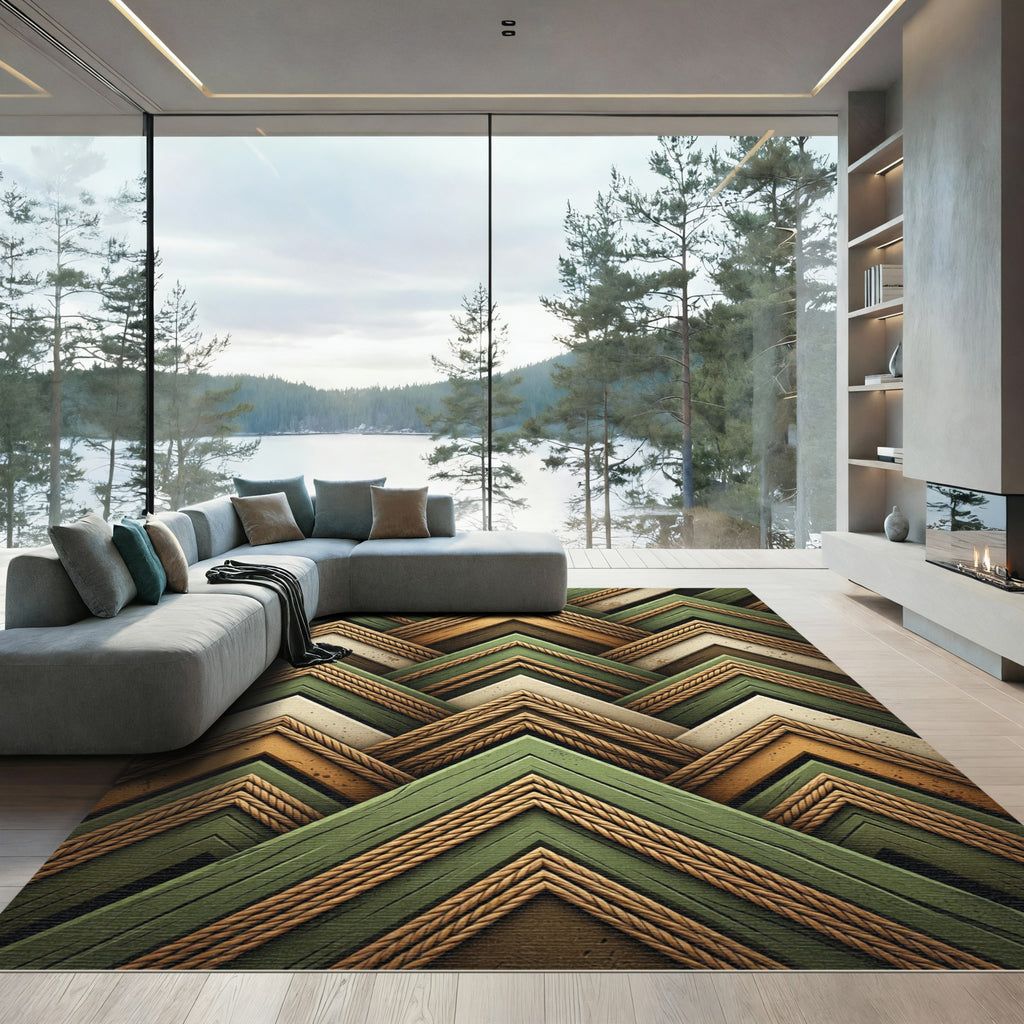 Rustic Green Wood Grain Chevron Rug