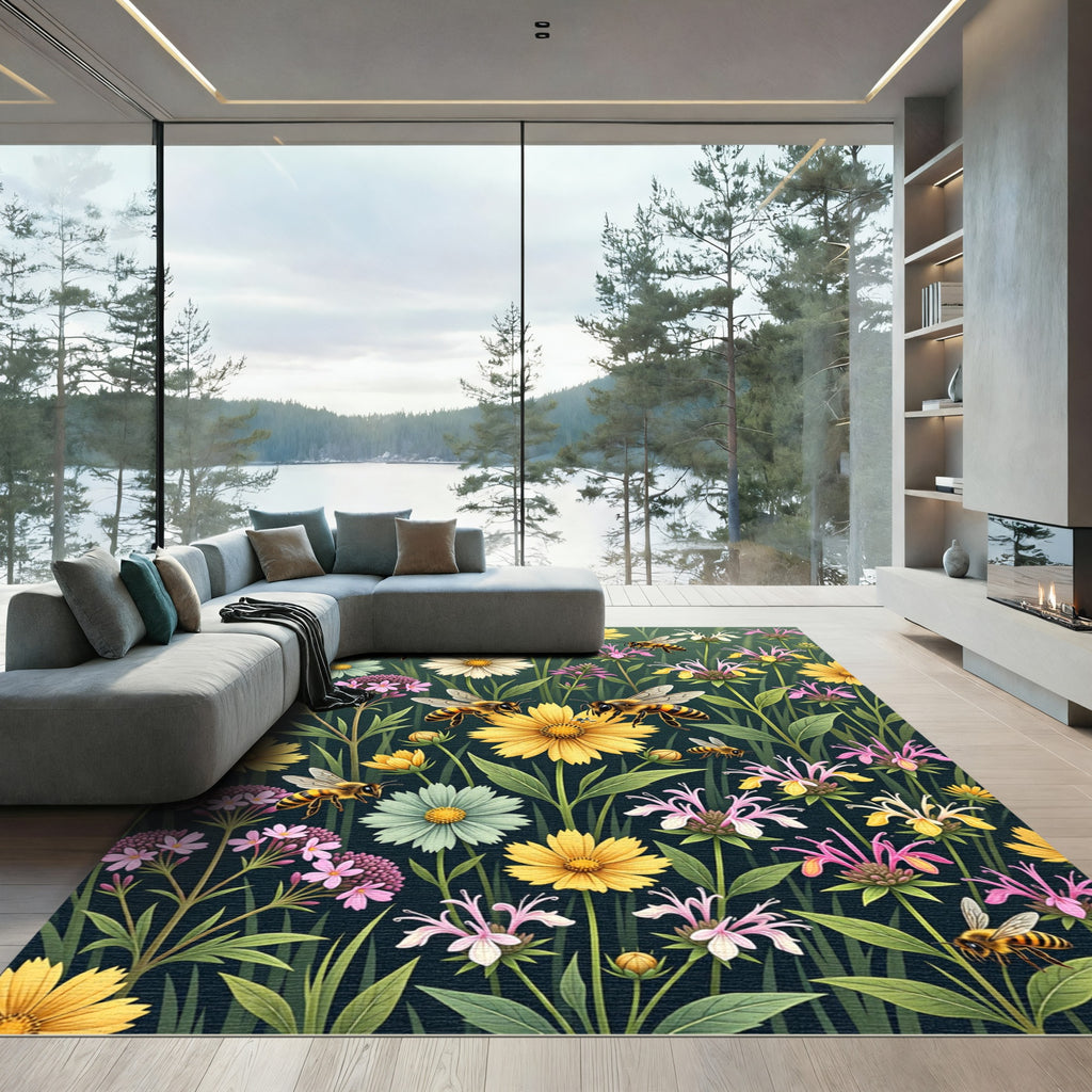 Whimsical Meadow Honey Bee Wildflower Garden Rug