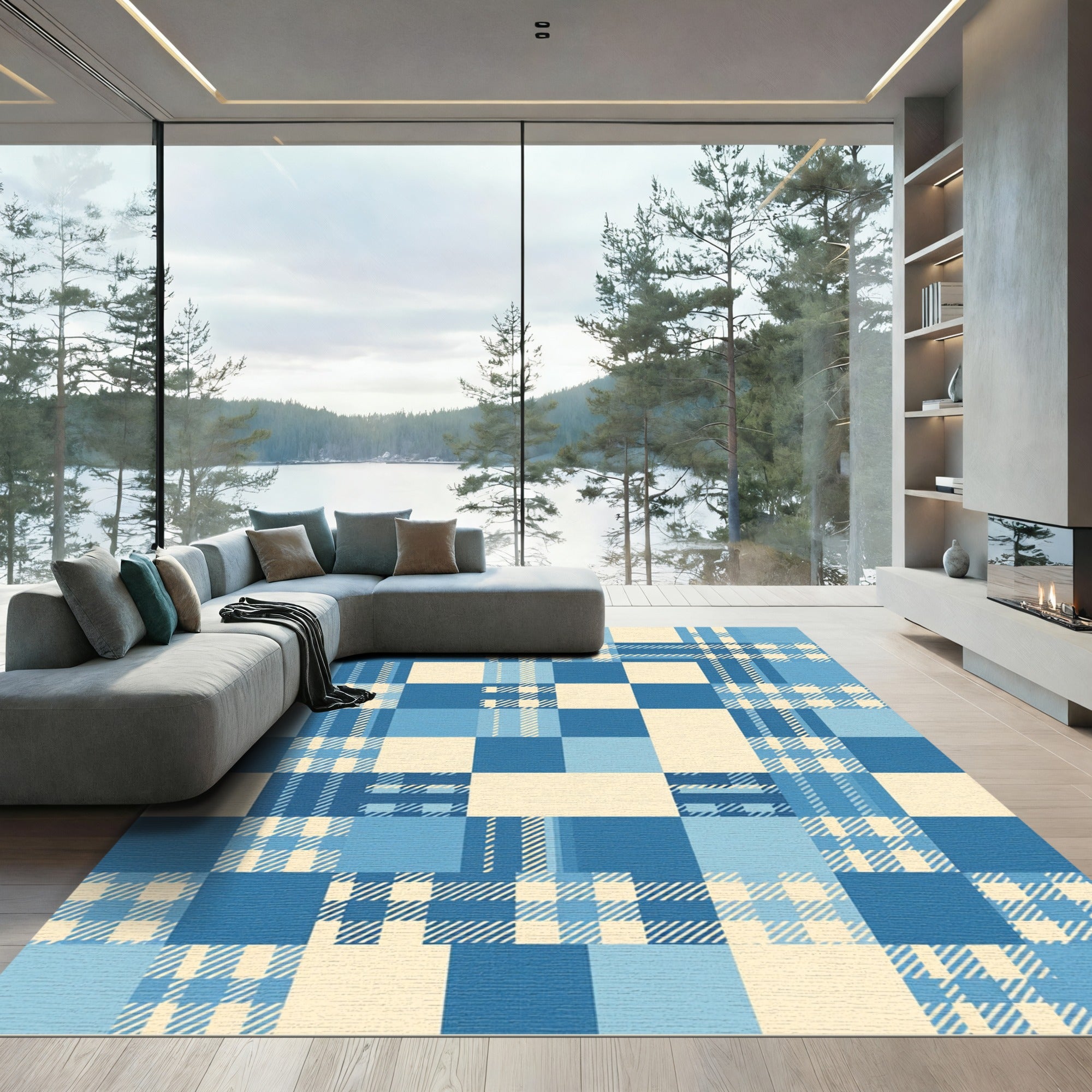 Blue Geometric Plaid Checkered Block Rug