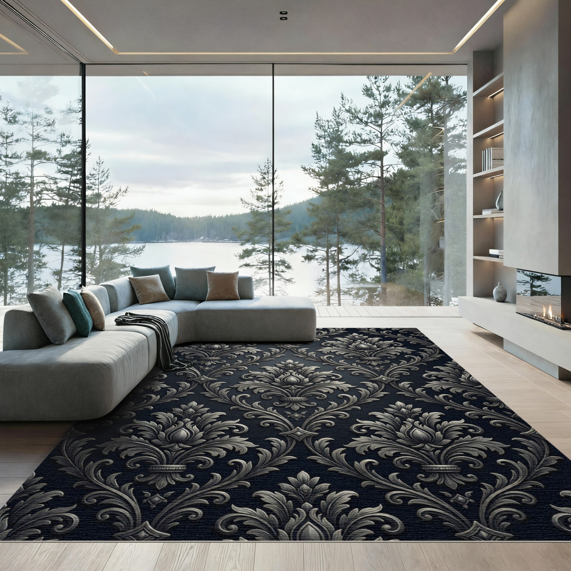Ornate Shadow Scrollwork Damask Rug