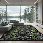 Ornate Silver Green Floral Scroll Rug