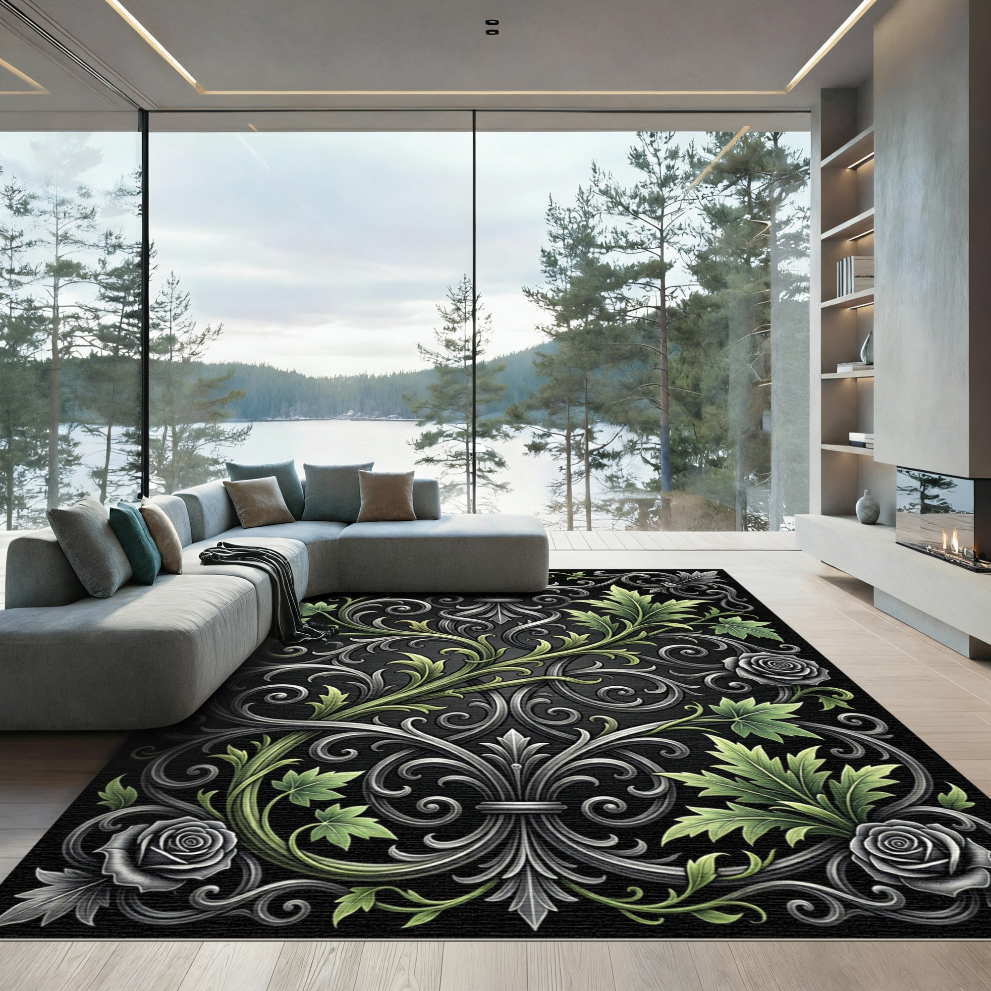 Ornate Silver Green Floral Scroll Rug