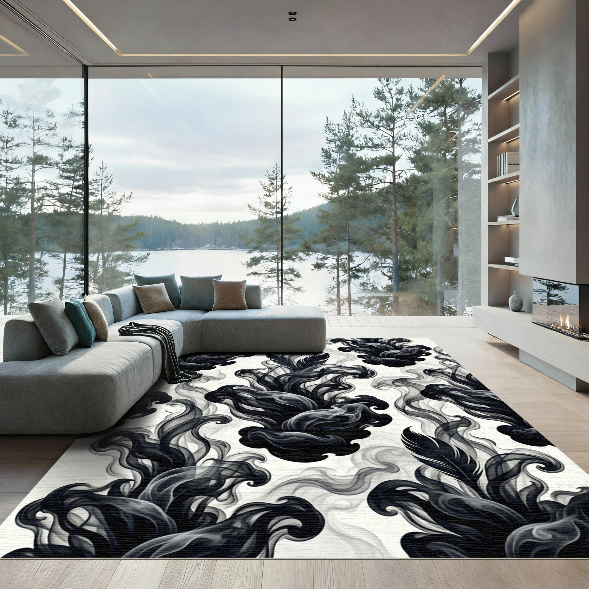 Dramatic Black Smoke Feather Swirls Rug
