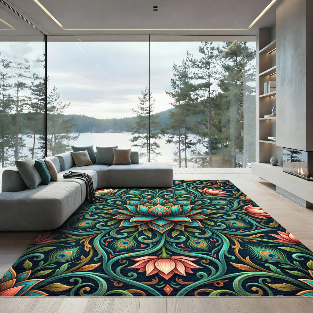 Peacock Lotus Teal Coral Floral Medallion Rug