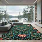Peacock Lotus Teal Coral Floral Medallion Rug