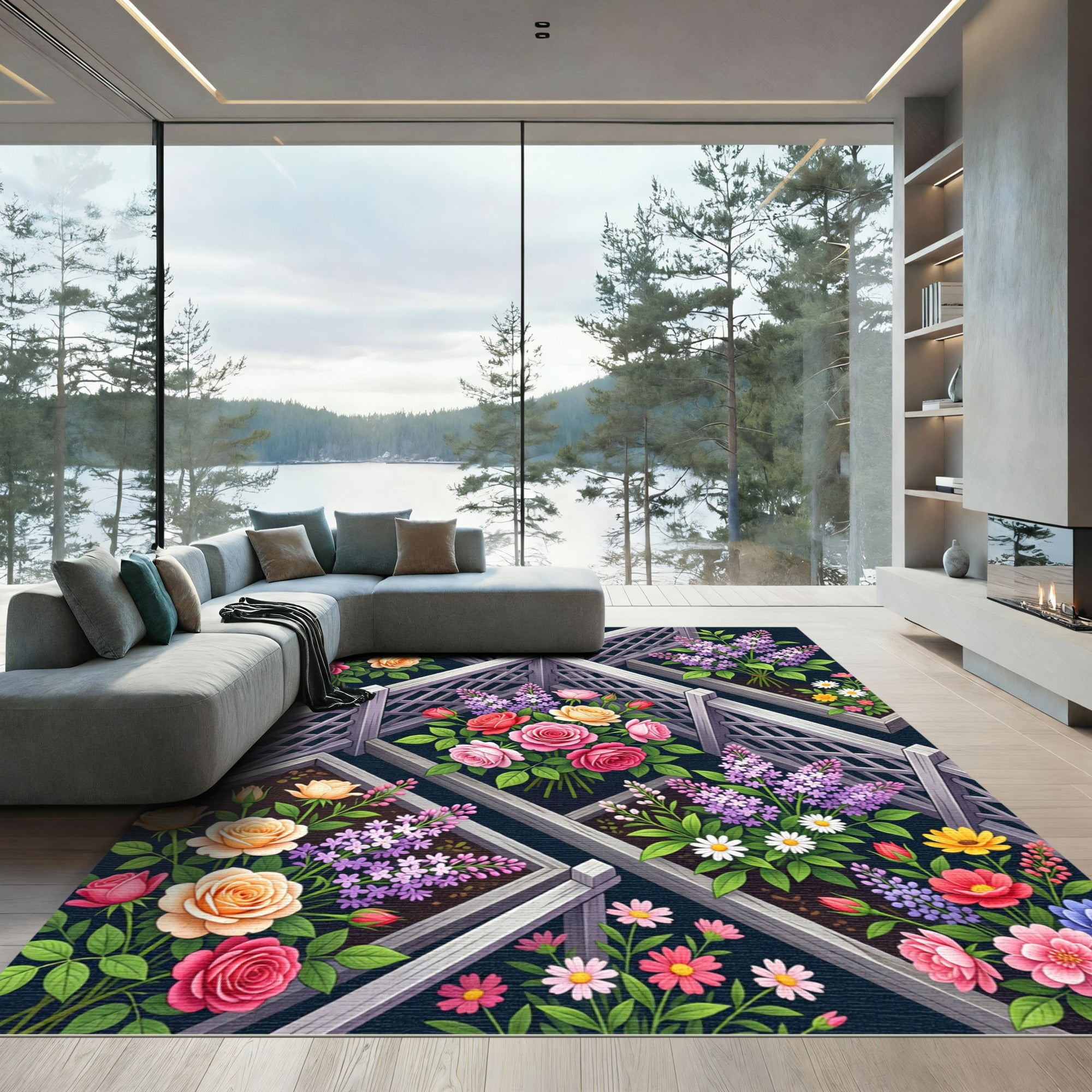 Pink Coral Rose Lilac Garden Trellis Rug