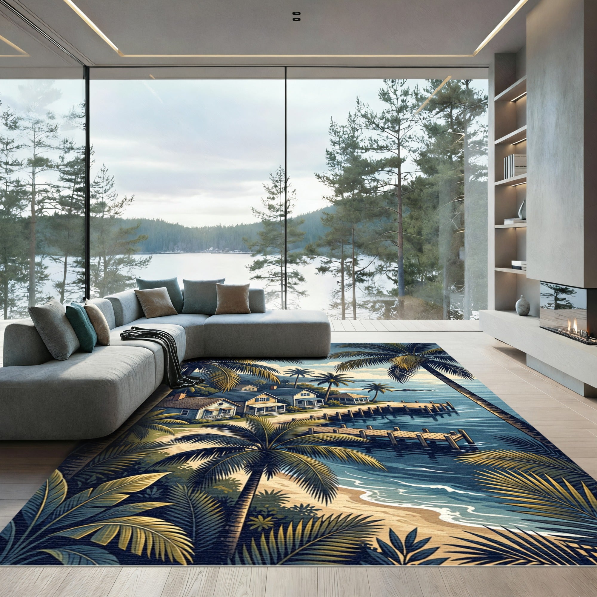 Tropical Palm Harbor Coastal Seascape Rug