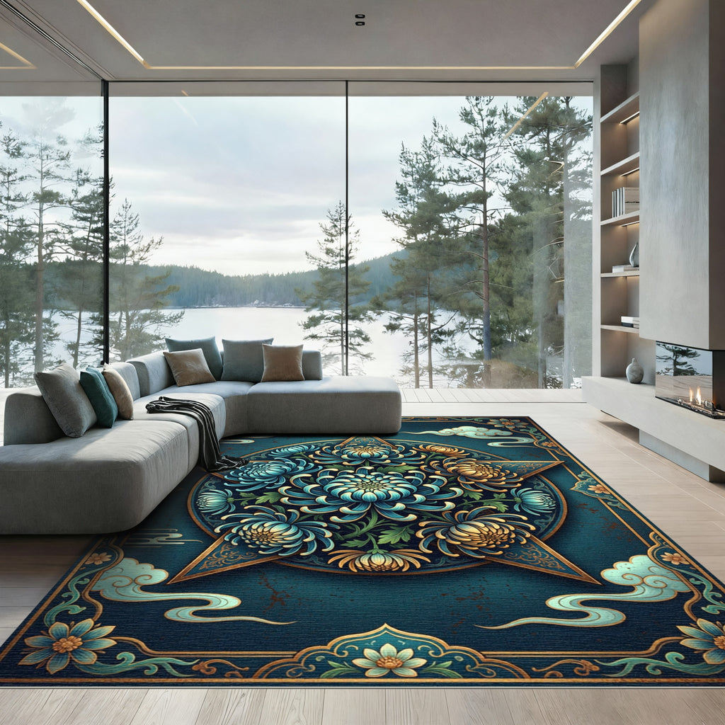 Celestial Blue Chrysanthemum Star Arrangement Rug