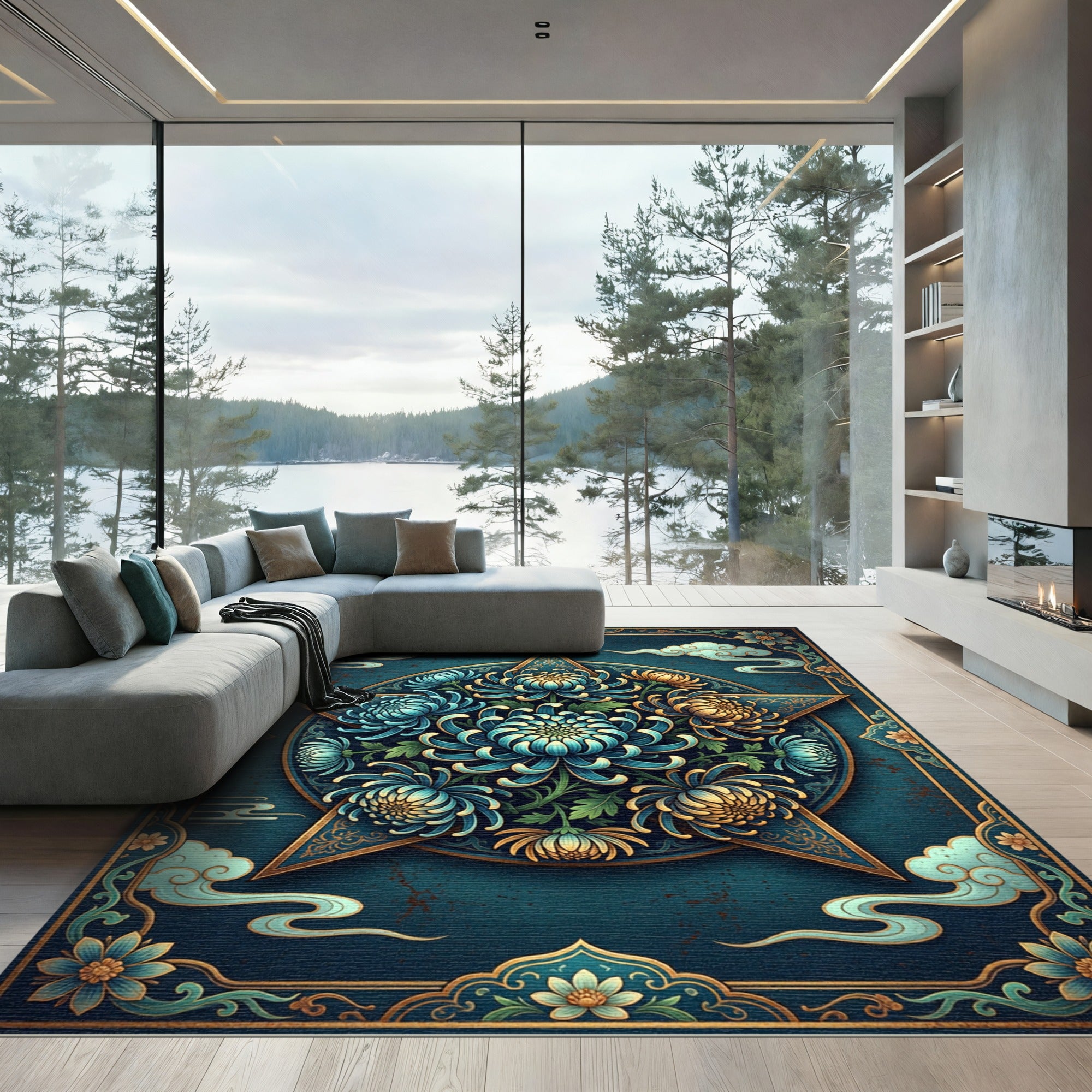 Celestial Blue Chrysanthemum Star Arrangement Rug