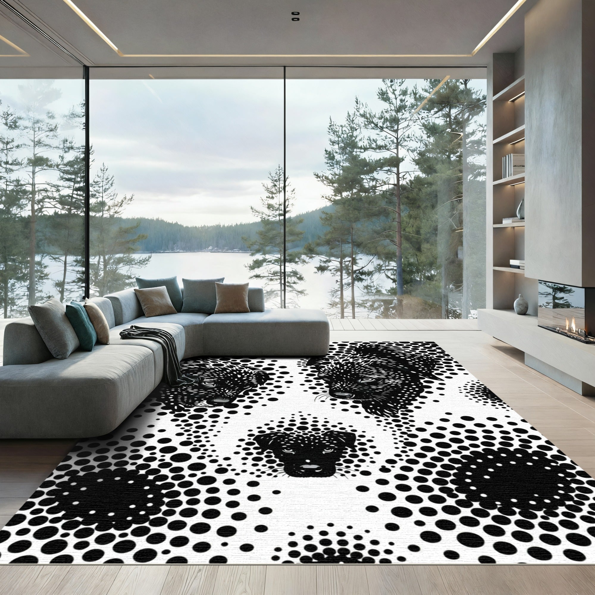 Black White Dog Halftone Dot Composition Rug