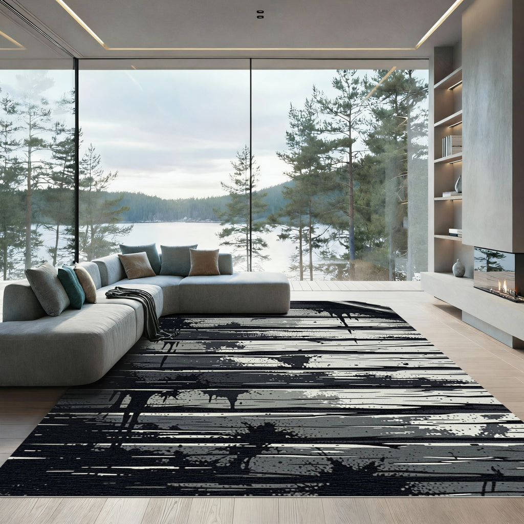 Monochromatic Grungy Wood Grain Splatter Rug