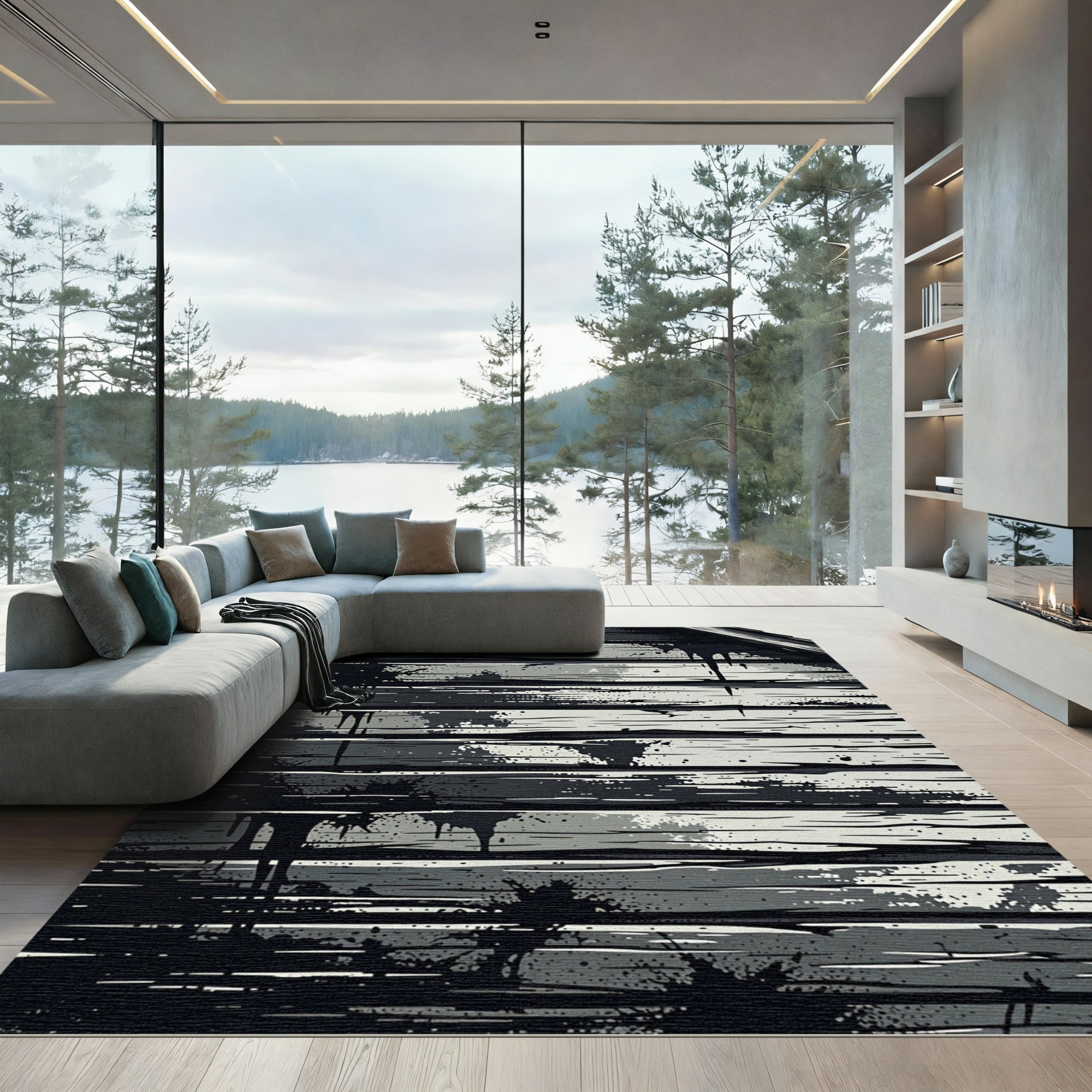 Monochromatic Grungy Wood Grain Splatter Rug