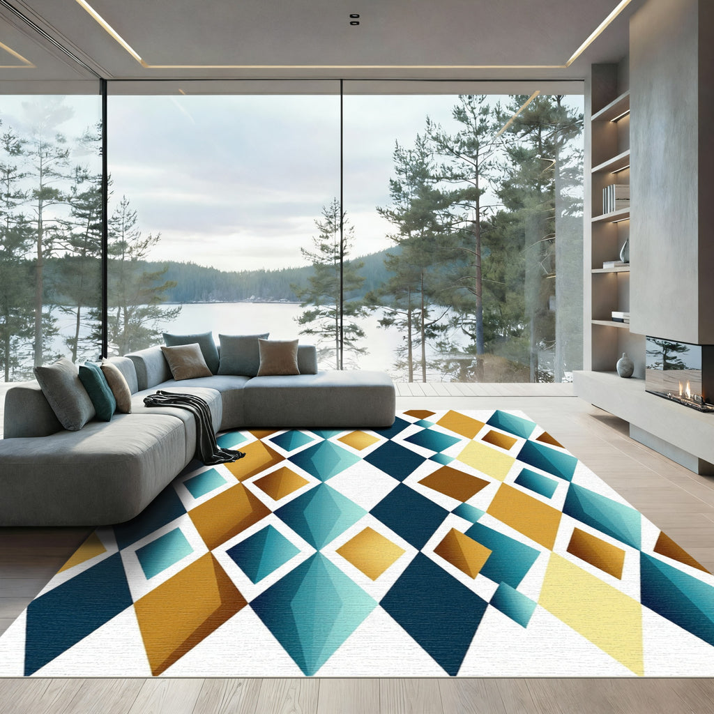 Golden Teal Diamond Geometric Tiling Rug