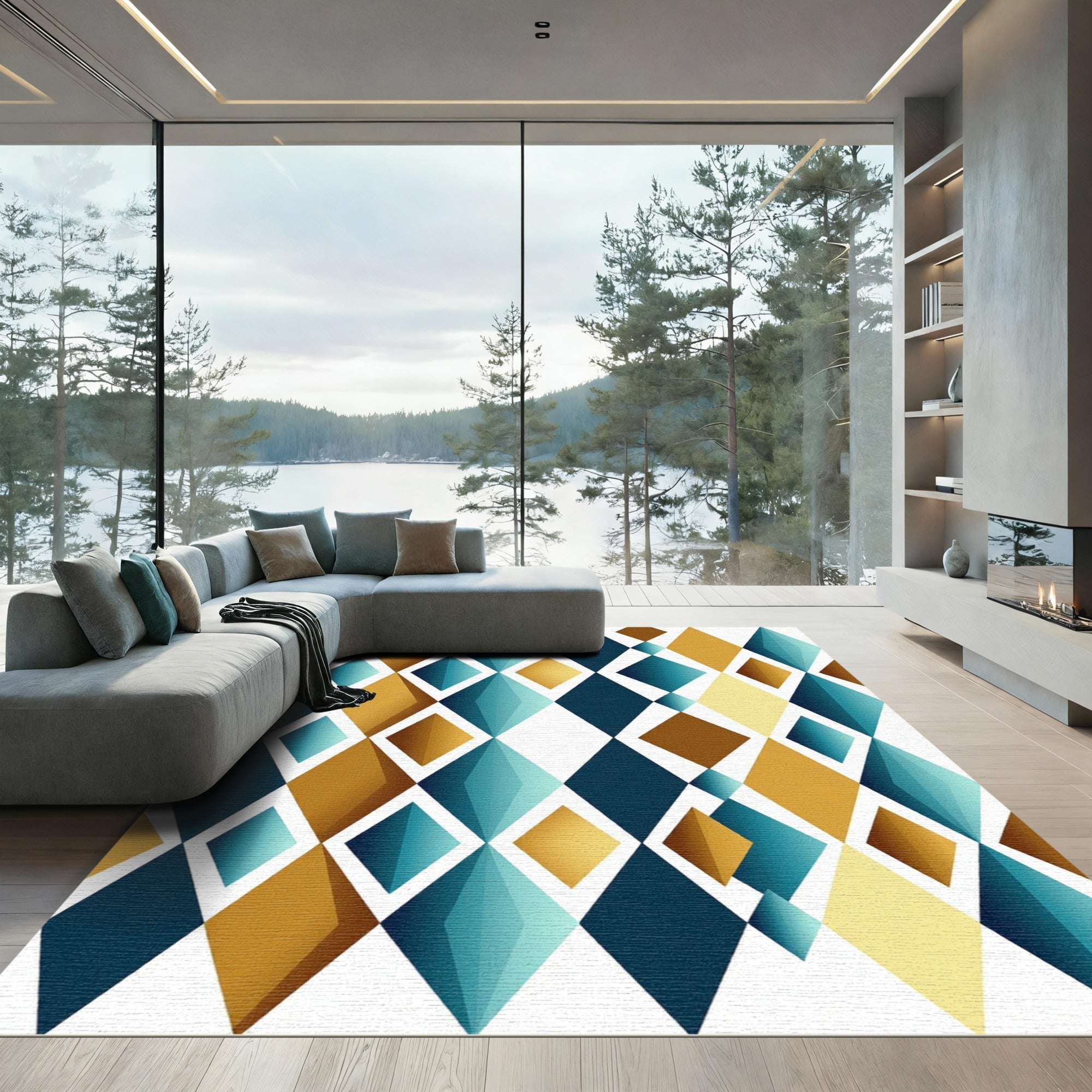 Golden Teal Diamond Geometric Tiling Rug