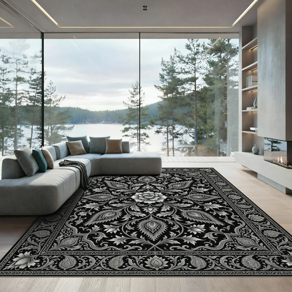 Elegant Monochrome Floral Paisley Medallion Rug